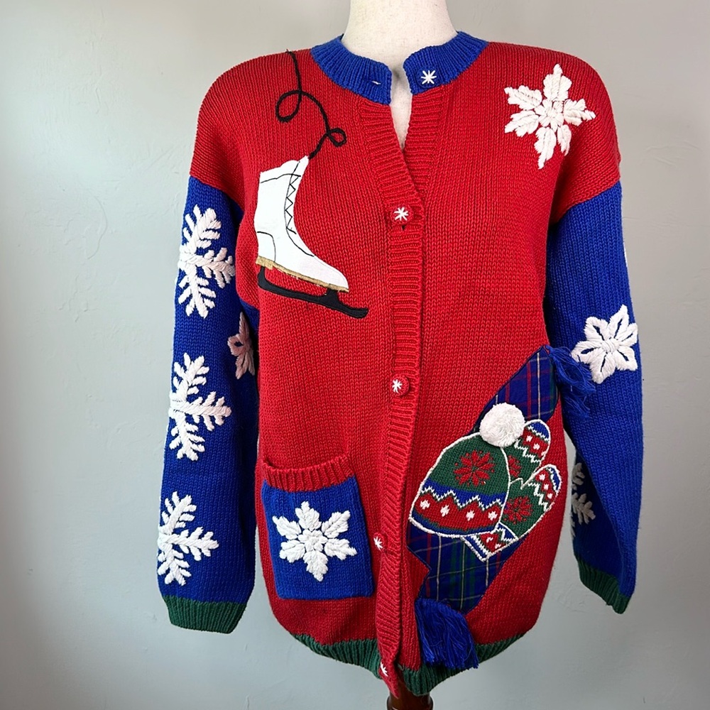 Sharon Young Winter Skate Glove, Scarf and Hat Appliqué Cardigan Sweater